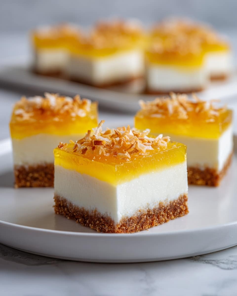 The image shows six square dessert bars arranged on a white plate, each with three layers. The bottom layer is crumbly and brown, looking like a graham cracker or cookie crust. The middle layer is creamy and white, smooth and thick. The top layer is a shiny yellow pineapple slice, topped with small toasted brown shreds, probably toasted coconut. The bars are evenly cut and placed close to one another on the plate, which sits on a white marbled surface. Photo taken with an iphone --ar 4:5 --v 7
