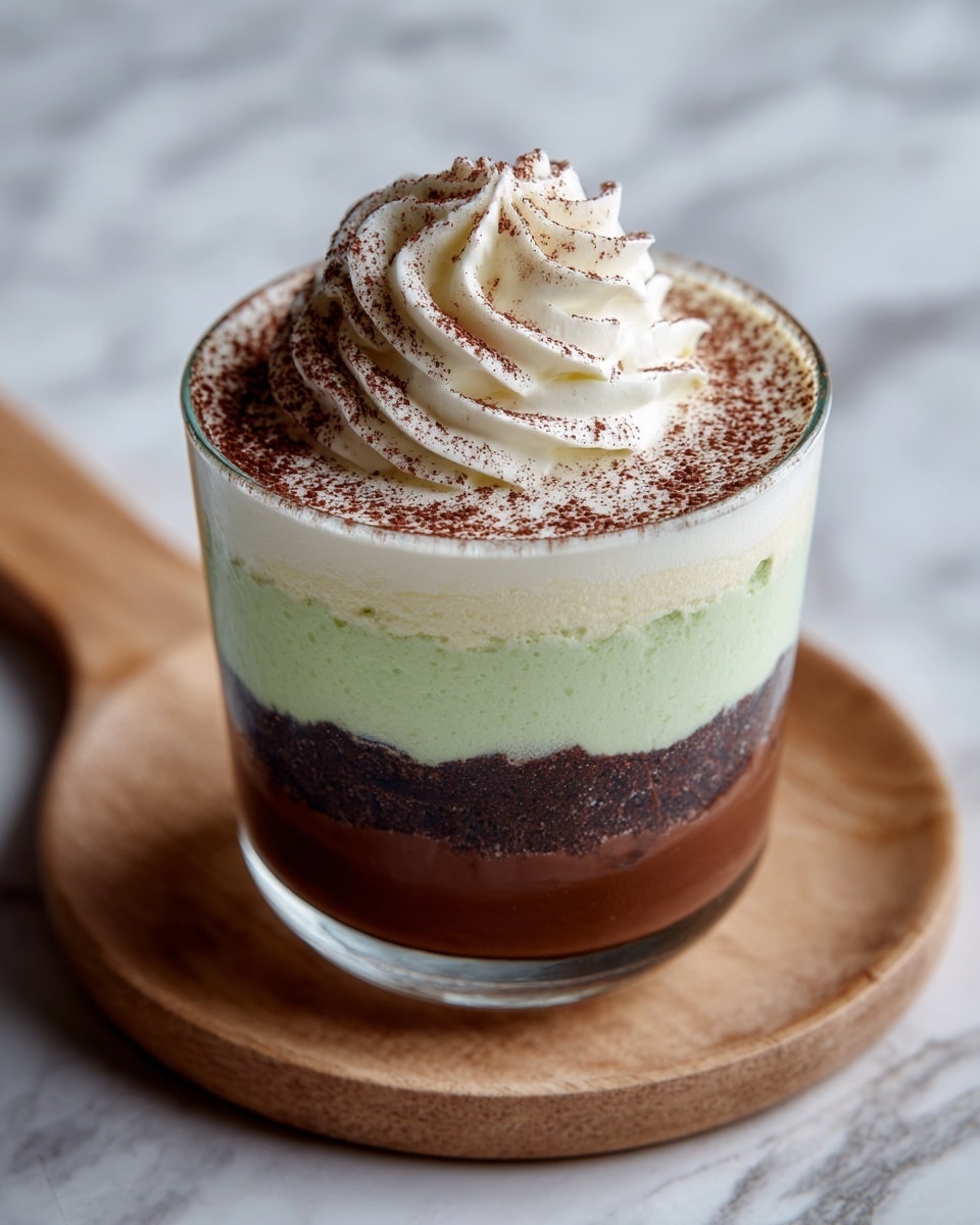 The image shows a clear glass cup filled with several layers of dessert on a white marbled surface. The bottom layer is dark brown and smooth, resembling chocolate pudding. Above that is a pale green creamy layer, followed by another dark brown layer. There is another pale green layer topped with a thick, white whipped cream layer that has a light dusting of cocoa powder on top. The layers are neat and even, creating a striped effect in the clear glass. Photo taken with an iphone --ar 4:5 --v 7