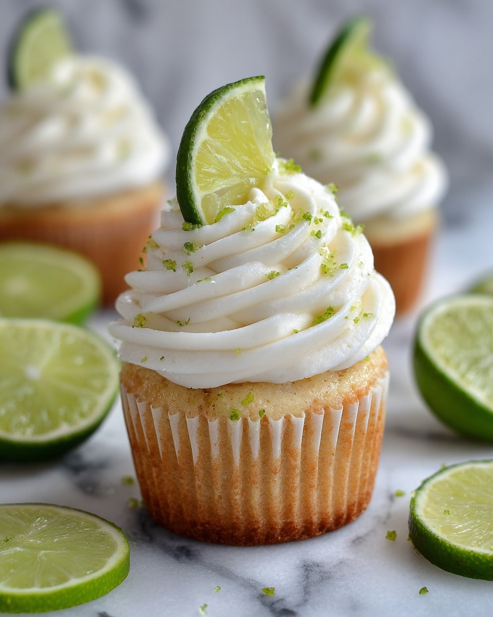 A close-up view of a single cupcake sitting on a white marbled surface, surrounded by other similar cupcakes and halved limes. The cupcake has three main layers visible: the bottom is a light golden sponge with a soft, slightly crumbly texture, wrapped in a white paper liner. On top of the cake is a thick layer of white creamy frosting swirled in smooth, even spirals. The frosting has small specks of green lime zest scattered throughout, adding a touch of color and texture. A thin, fresh lime slice stands vertically, partially lodged into the center of the frosting as decoration. Photo taken with an iphone --ar 4:5 --v 7