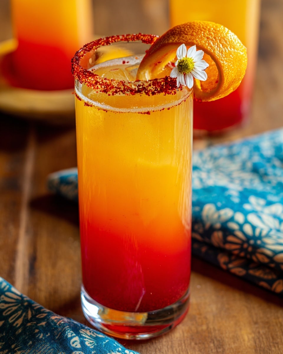 A tall clear glass filled with a layered drink, starting with a bright red liquid at the bottom, moving to a vibrant orange liquid filling most of the glass. The rim of the glass is coated with a crumbly, textured spice mix. On top, there is a small white and yellow flower and a thick orange peel garnish curved over the edge. The background shows a blue-striped cloth on the side and a white marbled surface underneath. Photo taken with an iphone --ar 4:5 --v 7