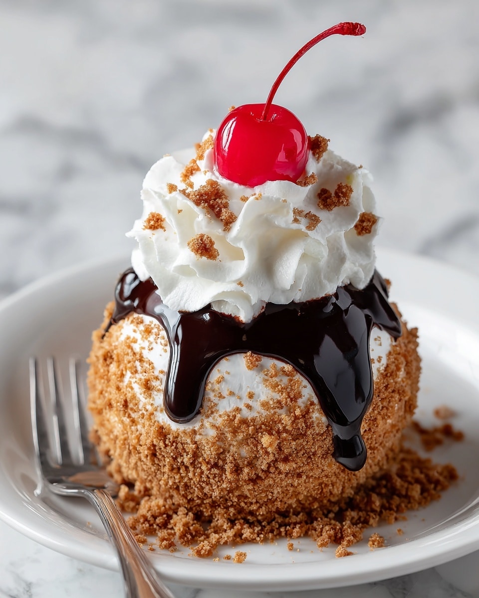 The image shows a round dessert ball covered with crumbly brown crumbs, with thick dark chocolate sauce dripping down from the top. On the bottom edge, bits of white cream peek out from underneath the crumb layer. At the very top, there is a fluffy white whipped cream swirl topped with a bright red cherry. The dessert sits on a white plate with a shiny silver fork beside it, all set on a white marbled surface. photo taken with an iphone --ar 4:5 --v 7