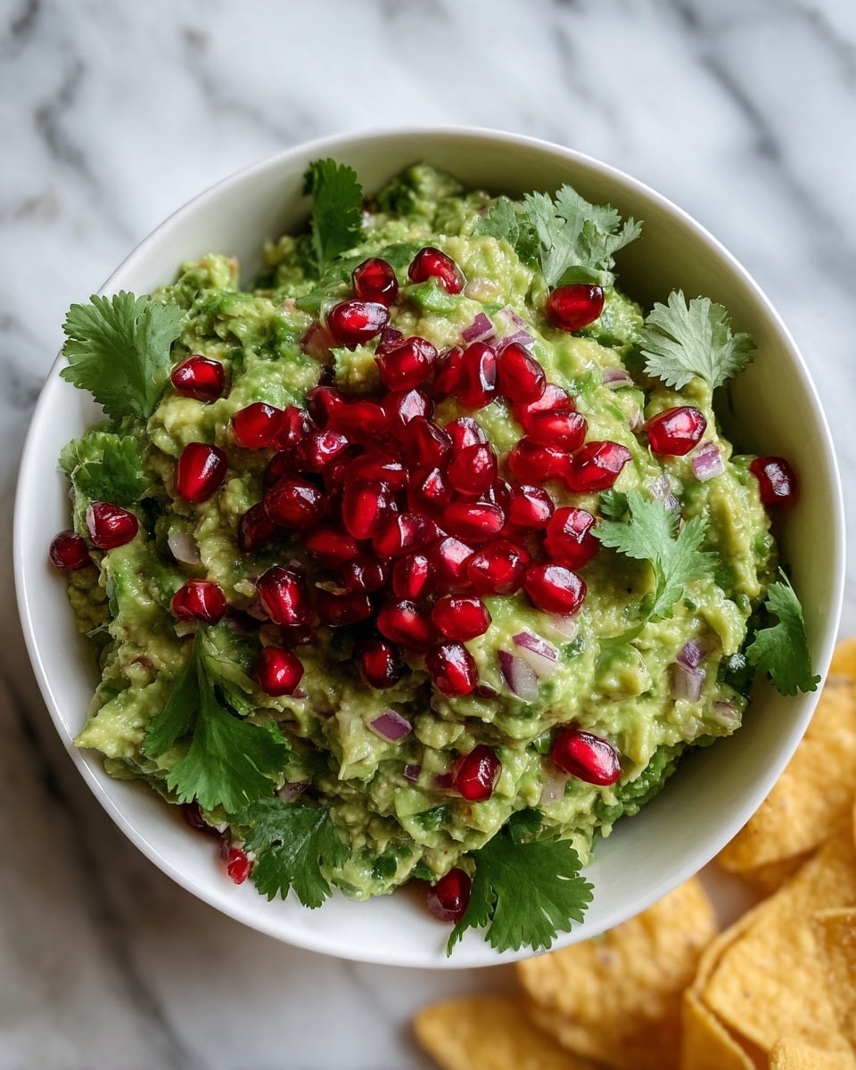 A white bowl filled with creamy guacamole that has a light green color mixed with small pieces of red onion and darker green bits of cilantro. Bright red pomegranate seeds are spread on top, adding a shiny contrast. Some fresh cilantro leaves are placed around the edges for decoration. The bowl sits on a white marbled textured surface with a few tortilla chips partially visible nearby. photo taken with an iphone --ar 4:5 --v 7