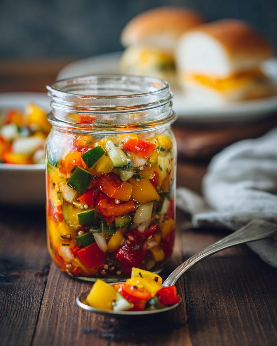 A close-up glass jar filled with bright mixed pickled vegetables, showing distinct layers of chopped red, yellow, and green peppers, white onion rings, and visible mustard seeds sprinkled throughout. The jar is placed on a white marbled surface with a shiny metal spoon holding some of the colorful pickled vegetables in the foreground. In the background, there is a blurred white plate with a grilled sausage covered partly with the pickles, and a white bun hamburger with a slice of melted yellow cheese on a beef patty. Photo taken with an iphone --ar 4:5 --v 7