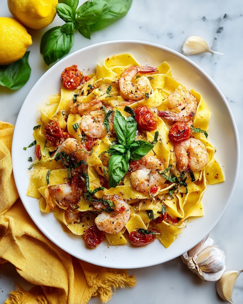 A white round plate holds a dish with three main layers: the bottom layer is wide, flat, yellow pasta ribbons, soft and slightly curled; the middle layer has pinkish cooked shrimp scattered evenly, with small roasted cherry tomatoes that are dark red and wrinkled; the top layer consists of fresh green basil leaves placed in the center and sprinkled dried green herbs around. In the background, there are two yellow lemons and green basil leaves on a white marbled surface, with a bottle of olive oil and garlic cloves nearby. photo taken with an iphone --ar 4:5 --v 7