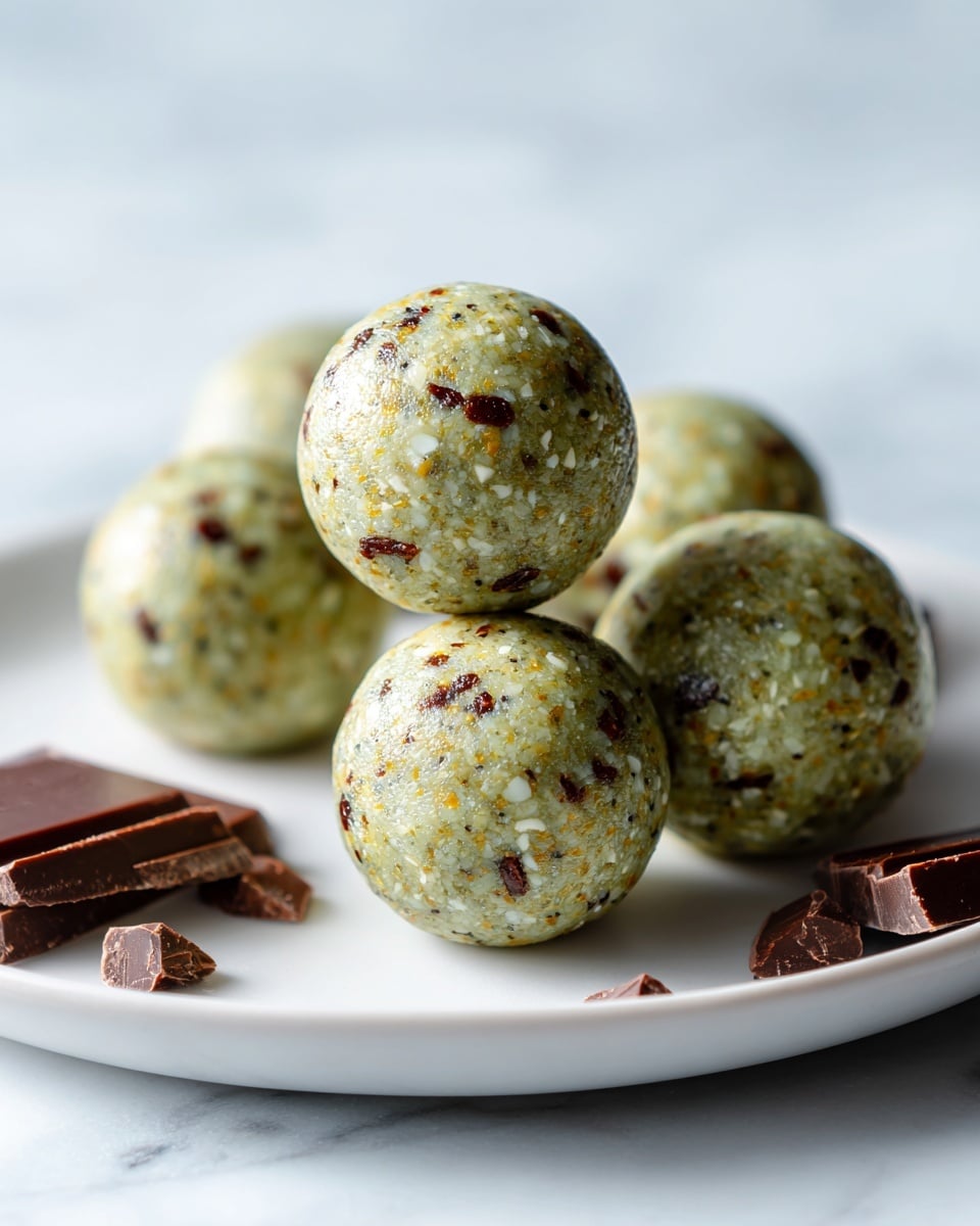 A close-up view of five round energy balls placed on a white plate on a white marbled surface. Each ball has a light green base mixed with uneven dark brown chocolate chunks and small white nut or seed pieces, giving a textured and speckled look. The balls are stacked loosely, with the front one in sharp focus and the others slightly blurred behind. Around the plate, there are scattered broken chocolate pieces, adding extra detail. The overall look is fresh and rich with a bit of roughness from the nut pieces. photo taken with an iphone --ar 4:5 --v 7