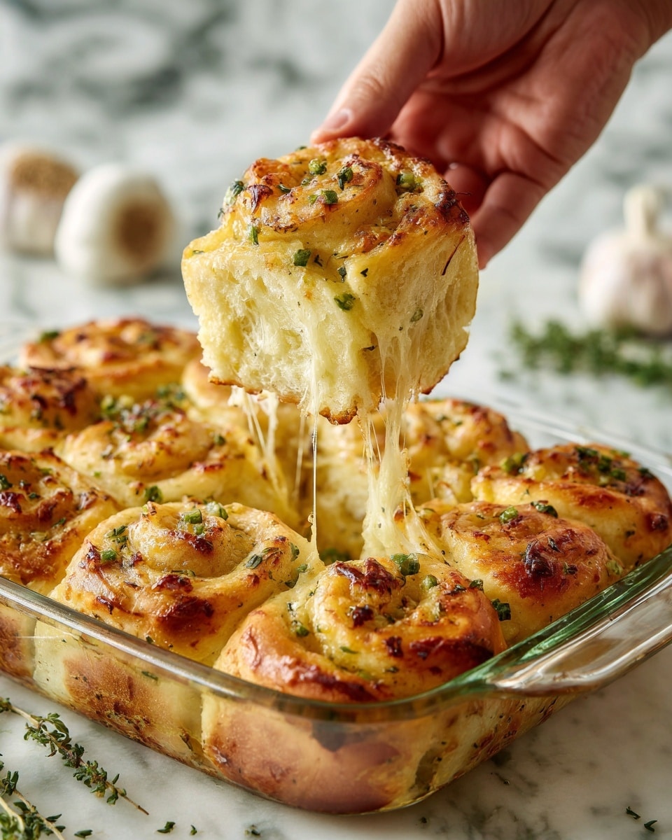 A glass baking dish holds six golden-brown garlic rolls arranged in two rows of three. Each roll shows soft, fluffy layers with melted cheese oozing between them, topped with finely chopped herbs and bits of roasted garlic, giving a textured, slightly crispy surface with a mix of light yellow and golden colors. One roll is being lifted by a metal spatula, revealing more soft, pale, airy layers inside with stringy melted cheese stretching between the lifted roll and the rest. The dish sits on a white marbled textured surface with blurred cloves of garlic and green herbs in the background. photo taken with an iphone --ar 4:5 --v 7
