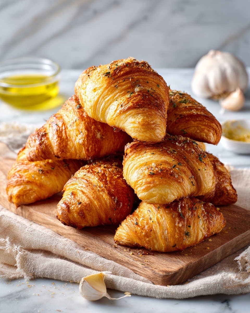 A wooden board holds seven golden brown croissants stacked in layers, each croissant showing flaky, shiny, buttery crust with herbs and small bits of garlic sprinkled on top. The croissants have a slightly textured surface from the baking, with dark golden edges and a light soft interior peeking through the folds. The board rests on a beige cloth, all placed on a white marbled background. A small glass bowl with yellow olive oil, a whole garlic bulb, and a garlic clove sit near the board, adding a rustic touch. photo taken with an iphone --ar 4:5 --v 7