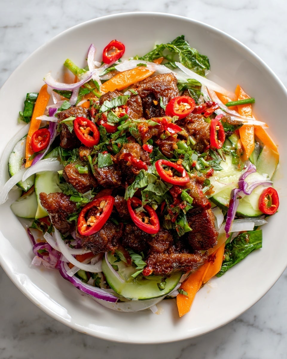 A close-up view of a fresh vibrant salad arranged in a white bowl on a white marbled surface, showcasing multiple layers: the base consists of bright orange carrot slices and large white onion chunks, followed by thick green cucumber slices with textured skin scattered throughout; on top, there are tender pieces of cooked beef with a lightly browned exterior and soft texture, interspersed with small red chili pepper slices revealing yellow seeds inside, as well as chopped green herbs and leafy greens adding contrast; the ingredients appear moist with a slight sheen, emphasizing freshness and a mix of colors and textures. photo taken with an iphone --ar 4:5 --v 7