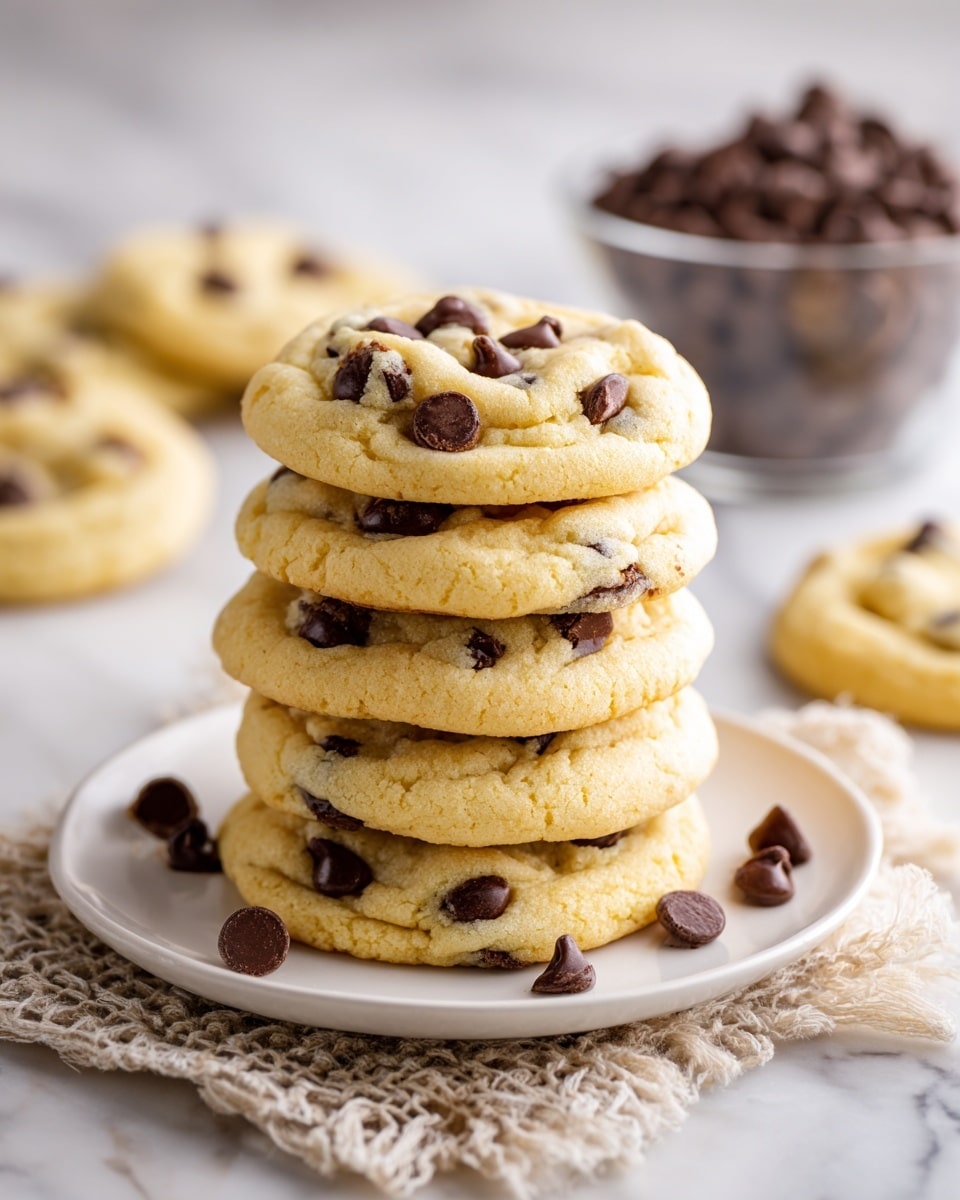 A stack of six soft, round chocolate chip cookies is placed on a white plate with a smooth surface; the cookies have a pale yellow color with visible cracks and shiny dark brown chocolate chips spread on top and embedded inside. The top cookie sits at an angle, showing its thick and crumbly texture. Scattered chocolate chips surround the cookies on the plate and the white marbled texture underneath the plate. In the blurred background, there is a clear glass bowl filled with more chocolate chips. The scene looks natural and warm. photo taken with an iphone --ar 4:5 --v 7