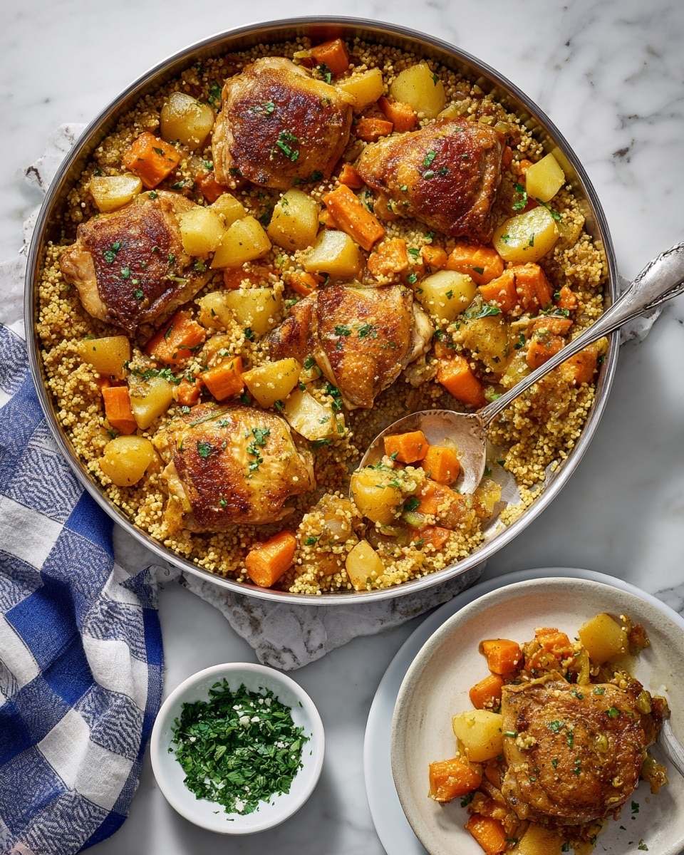 The image shows a skillet filled with a dish of cooked chicken pieces, browned and placed on top of a bed of cooked grains mixed with diced orange carrots and light yellow potatoes, creating a mix of warm colors. The skillet is set on a white marbled surface with a gray and white cloth nearby. Nearby, a white bowl contains chopped green herbs, and part of a white plate with a serving of the same dish is visible, held by a woman's hand. The overall look is warm, hearty, and inviting. photo taken with an iphone --ar 4:5 --v 7