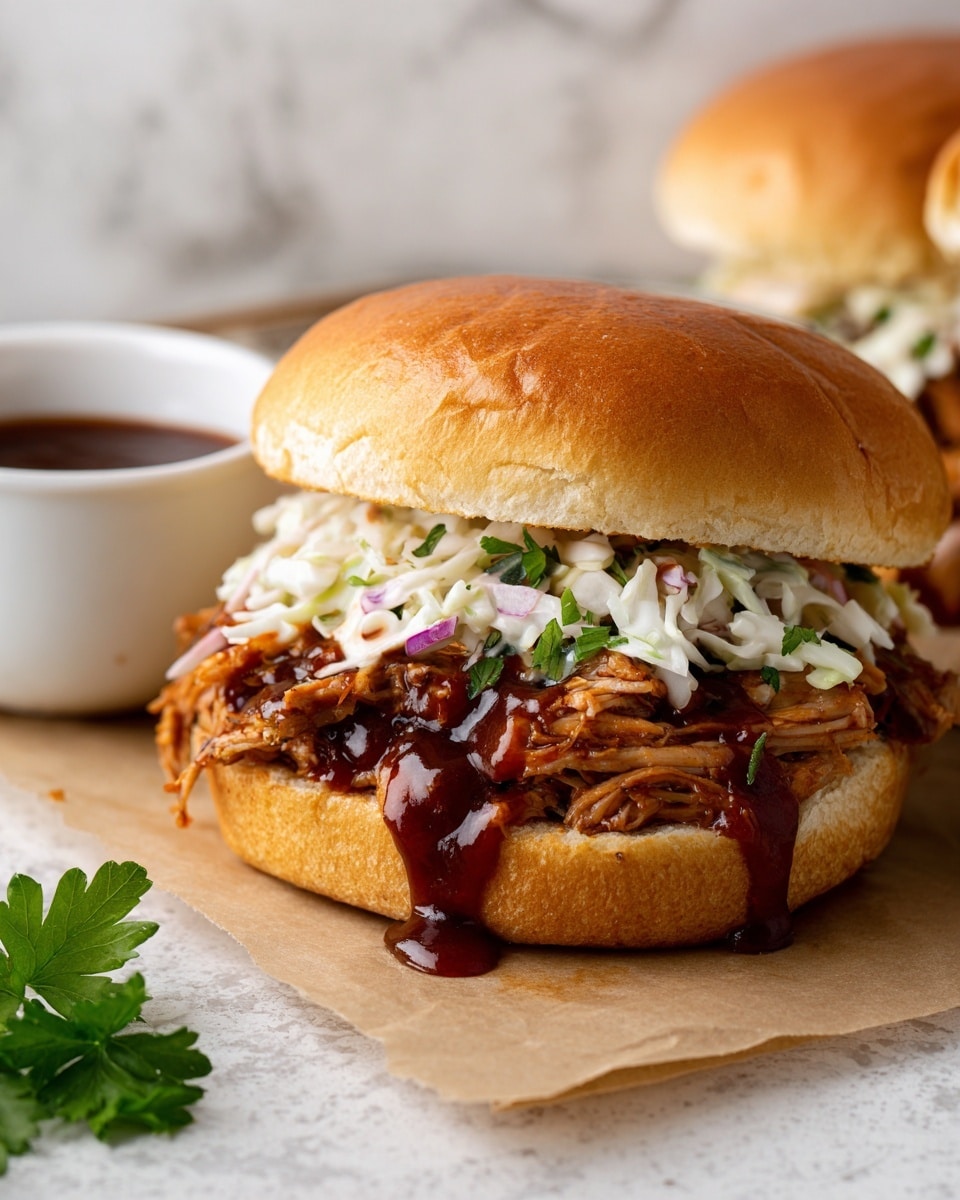A pulled pork sandwich with three visible layers sits on a piece of brown paper on a white marbled surface. The bottom layer is a fluffy, golden brown sandwich bun. On top of the bottom bun, a thick layer of moist, shredded pulled pork covered in rich, dark reddish-brown barbecue sauce is piled high. The top layer consists of creamy coleslaw with shredded white and purple cabbage, adding texture and color contrast. The sandwich is completed with a smooth, shiny golden brown top bun. In the background, a white bowl with dark barbecue sauce and some green parsley leaves add detail. Photo taken with an iphone --ar 4:5 --v 7