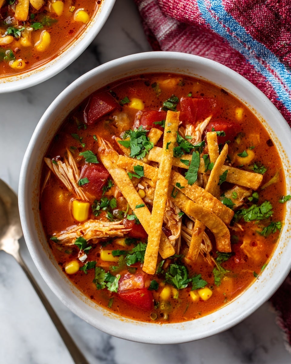 The image shows a white bowl filled with a rich, reddish-brown soup layered with shredded chicken, bright yellow corn kernels, and pieces of crispy tortilla strips floating on top. There are also small green cilantro leaves scattered across the surface and chunks of red tomato visible beneath the liquid. The bowl is placed on a white marbled textured surface, next to a red and blue striped cloth, with a partial view of another bowl of the same soup at the top left corner. The photo taken with an iphone --ar 4:5 --v 7