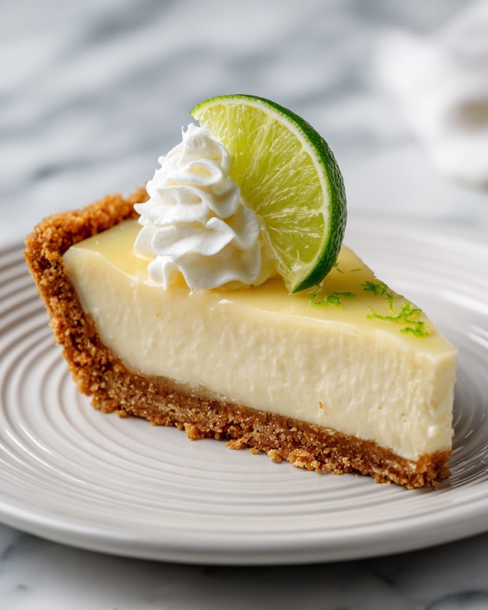 A single slice of creamy yellow pie sits on a white plate with a ridged edge, showing three clear layers: a crumbly golden-brown crust at the bottom, a thick smooth pale yellow filling in the center, and a thin, slightly glossy top layer. On top of the slice, there is a small dollop of white whipped cream holding a thin green slice of lime. The plate rests on a white marbled surface with a blurred background that includes a white pie dish with more pie inside. Photo taken with an iphone --ar 4:5 --v 7