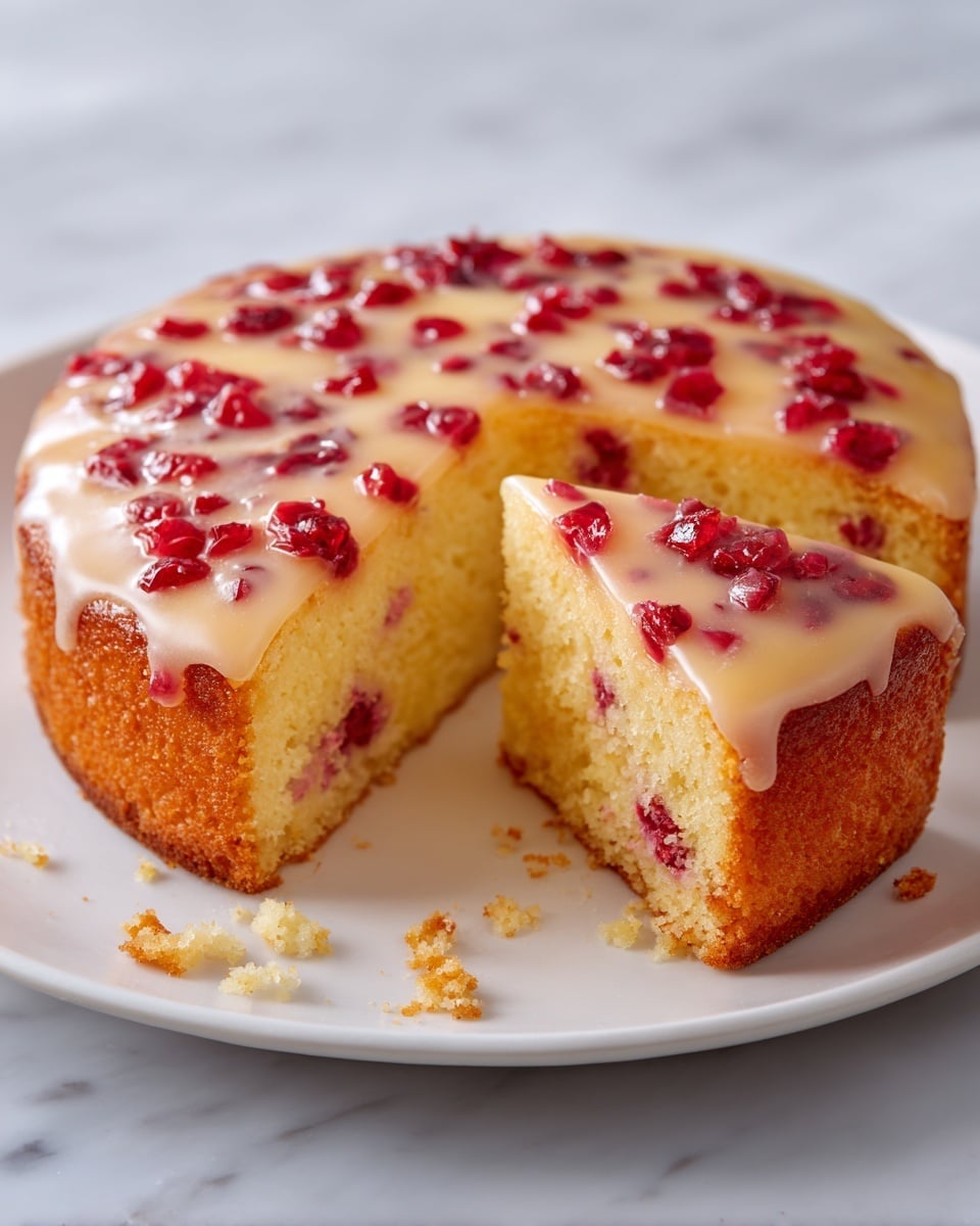 A small round cake with a golden brown crust sits on a white plate with delicate holes around the edge, placed on a white marbled surface. The cake has one thick layer with a soft, light yellow inside texture and is topped with a glossy, pale yellow glaze that covers the surface unevenly. Embedded within the glaze are small, bright red chunks, scattered across the top, adding a pop of color to the smooth layer. A single slice is taken out from the front, showing the moist and crumbly inside. Photo taken with an iphone --ar 4:5 --v 7