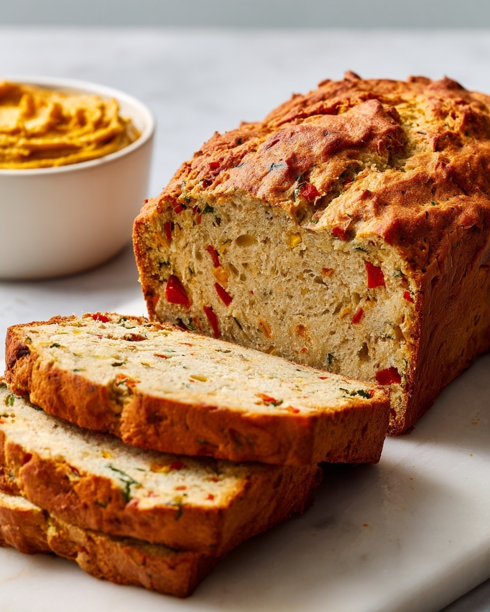 The image shows a loaf of bread with a rough, golden-brown crust, partially sliced to reveal a moist, dense inside filled with small pieces of red and green ingredients. The inside texture looks soft and slightly crumbly with visible bits distributed throughout, giving it a colorful, speckled appearance. The bread rests on a light cloth, and beside it, a white bowl contains a chunky orange spread or jam adding a warm touch to the scene, all set on a white marbled surface. Photo taken with an iphone --ar 4:5 --v 7