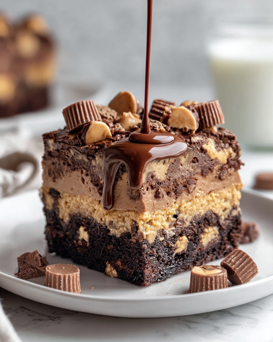 A thick square piece of layered dessert sits on a white plate with a white marbled texture surface underneath. The bottom layer is dark brown with a soft, crumbly cake texture mixed with visible chocolate chips. Above that, there is a creamy peanut butter-colored layer with a smooth but slightly thick texture. Another dark brown cake layer with a moist look follows, topped by a lighter peanut butter layer mixed with bits of crushed peanuts or cookie crumbs. The top is covered with a drizzle of glossy dark chocolate sauce being poured over a miniature peanut butter cup sitting in the middle. Scattered around the dessert on the plate are several small peanut butter cups, some cut to show the creamy light brown filling inside. The whole dessert looks rich and dense, with a mix of smooth and chunky textures. Photo taken with an iphone --ar 4:5 --v 7