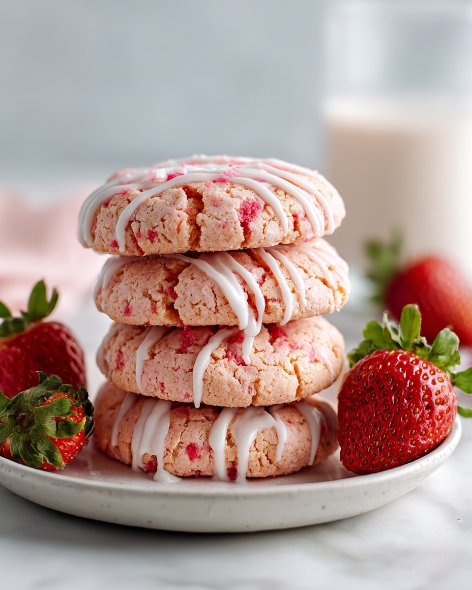 A stack of four pinkish strawberry cookies with a soft, slightly crumbly texture sit on a white plate. Each cookie has a drizzle of white icing spread across the top in thin, uneven lines. The cookies have small bits of red strawberry pieces visible throughout, adding speckles of color to the soft pink dough. Around the plate, ripe whole strawberries add fresh red tones, and the white marbled surface beneath creates a clean and bright setting. photo taken with an iphone --ar 4:5 --v 7