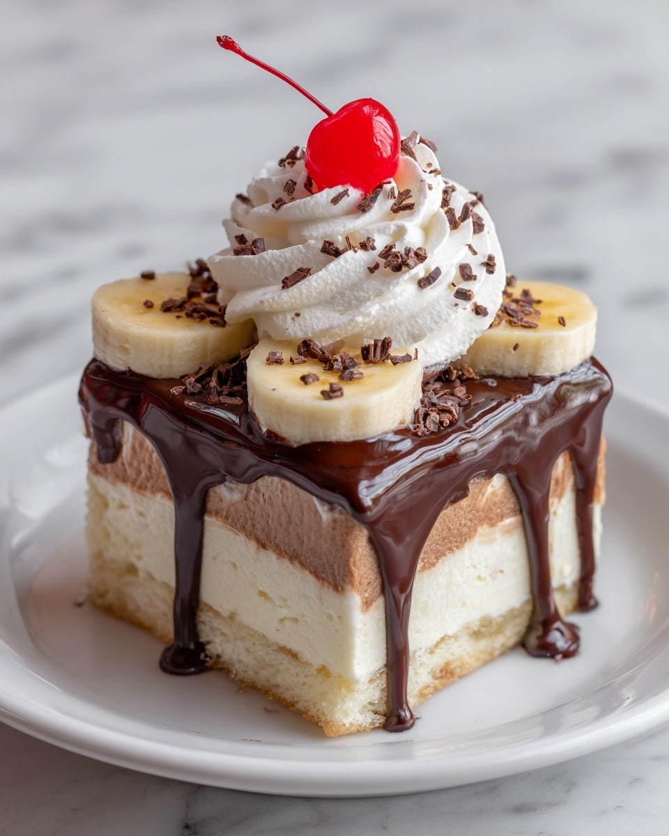 A slice of layered dessert sits on a white plate with a white marbled texture background. The bottom layer is a light brown cake base with a soft texture. Above it is a thick, creamy white layer, likely cheesecake or cream cheese filling. A thick layer of rich, dark chocolate sauce flows down the sides, covering the top partially. On top of the chocolate is a thin peanut butter or caramel layer, slightly blending into the sauce. The dessert is topped with banana slices on the sides, a swirl of white whipped cream in the center, sprinkled with small chocolate shavings, and finished with a bright red maraschino cherry on top. Photo taken with an iphone --ar 4:5 --v 7