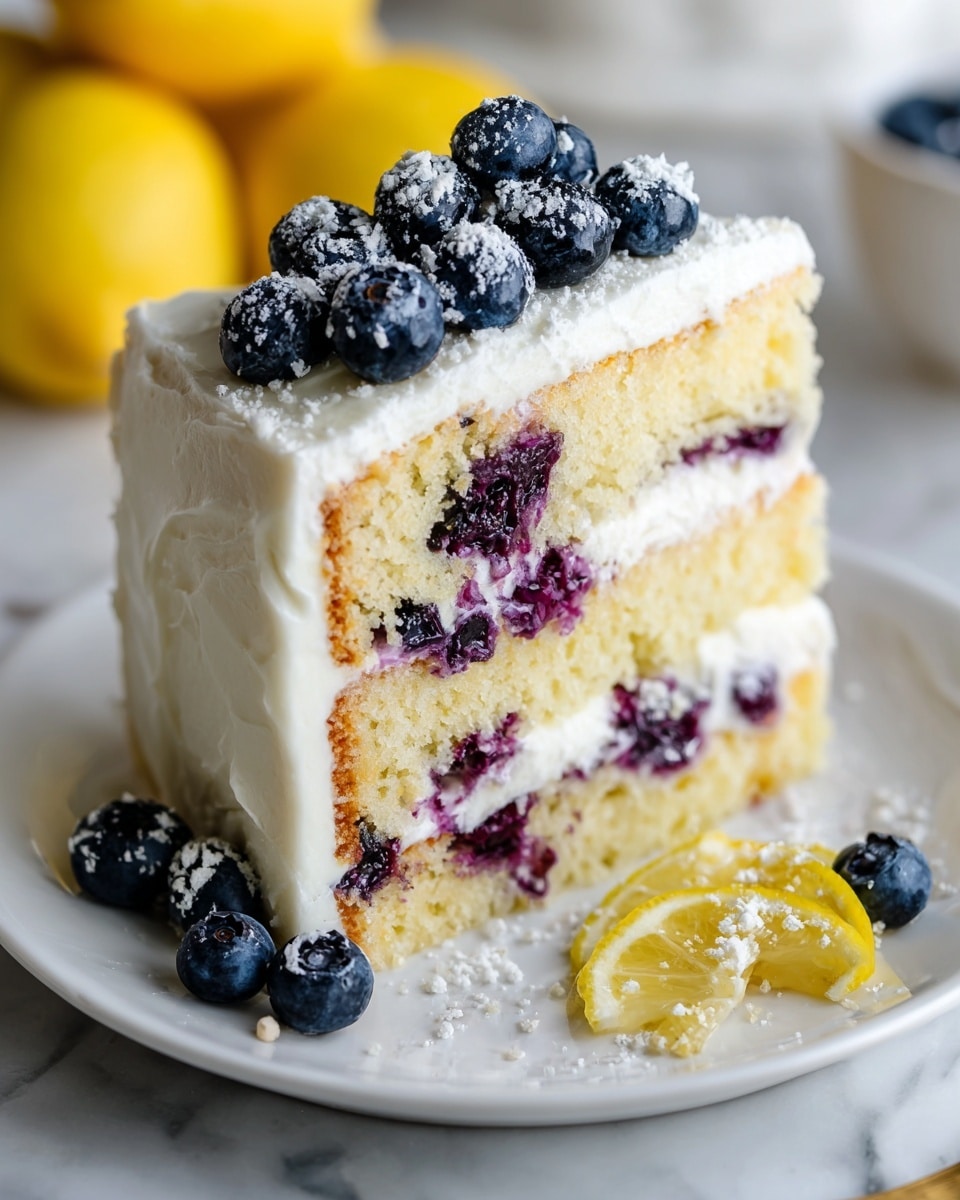 A three-layer cake slice on a white plate shows each layer made of light yellow sponge with dark purple blueberry pieces inside. Between each layer there is smooth, creamy white frosting spread thickly. The outside of the cake is fully covered in the same white frosting, with a small pile of fresh blueberries on top, some dusted with powdered sugar. Around the base of the cake on the plate are more blueberries and a small wedge of lemon with grated zest on it. The background is a white marbled texture with blurred yellow lemon halves visible. photo taken with an iphone --ar 4:5 --v 7