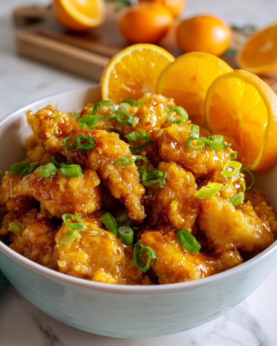 A bowl filled with many pieces of golden-brown fried chicken coated in a shiny orange glaze, topped with sliced green onions scattered over the chicken. On the right side of the bowl, there are three thick, bright orange slices neatly arranged, showing juicy texture. The bowl is white, placed on a white marbled surface with a blurred background of whole and sliced oranges. Photo taken with an iphone --ar 4:5 --v 7