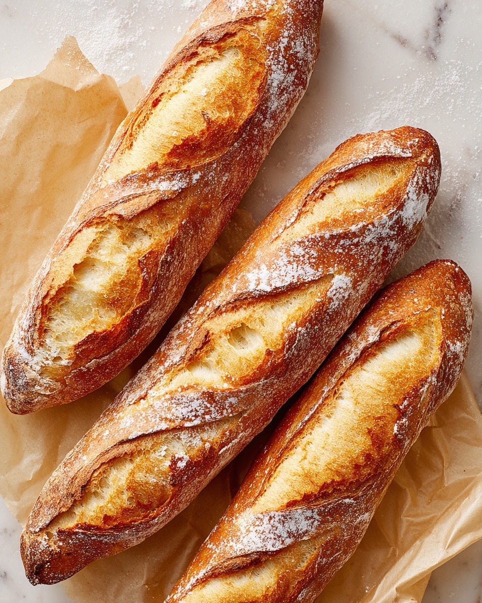 Three baguettes with golden brown crusts rest closely together on a piece of light brown parchment paper. Each baguette has several diagonal slashes revealing a soft, airy inner texture with light cream and off-white colors. The crusts are shiny and crisp with a slightly darker toasted gradient around the slashes, and there is a light dusting of flour across the tops. The background beneath the parchment paper is a white marbled texture. photo taken with an iphone --ar 4:5 --v 7