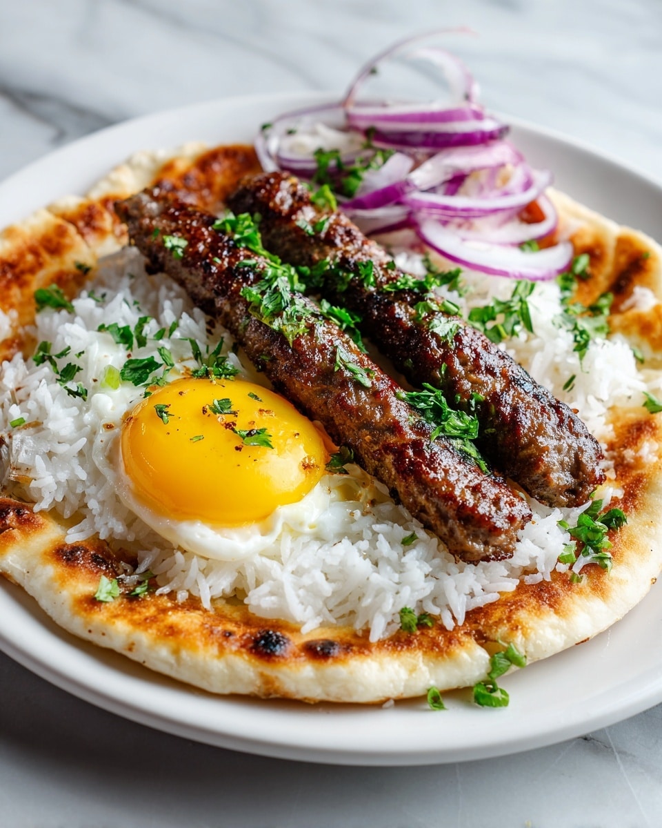 The image shows a white plate with a flatbread base, slightly browned on the edges, topped with a layer of white rice that looks fluffy. On top of the rice, there are three grilled, dark brown kebabs with a coarse texture, sprinkled with chopped green herbs. On the side, there is a bright yellow cooked sunny-side-up egg resting on the flatbread near thin rings of raw red onion. Small green herb pieces are scattered around for garnish, and the whole plate is set on a white marbled surface. Photo taken with an iphone --ar 4:5 --v 7