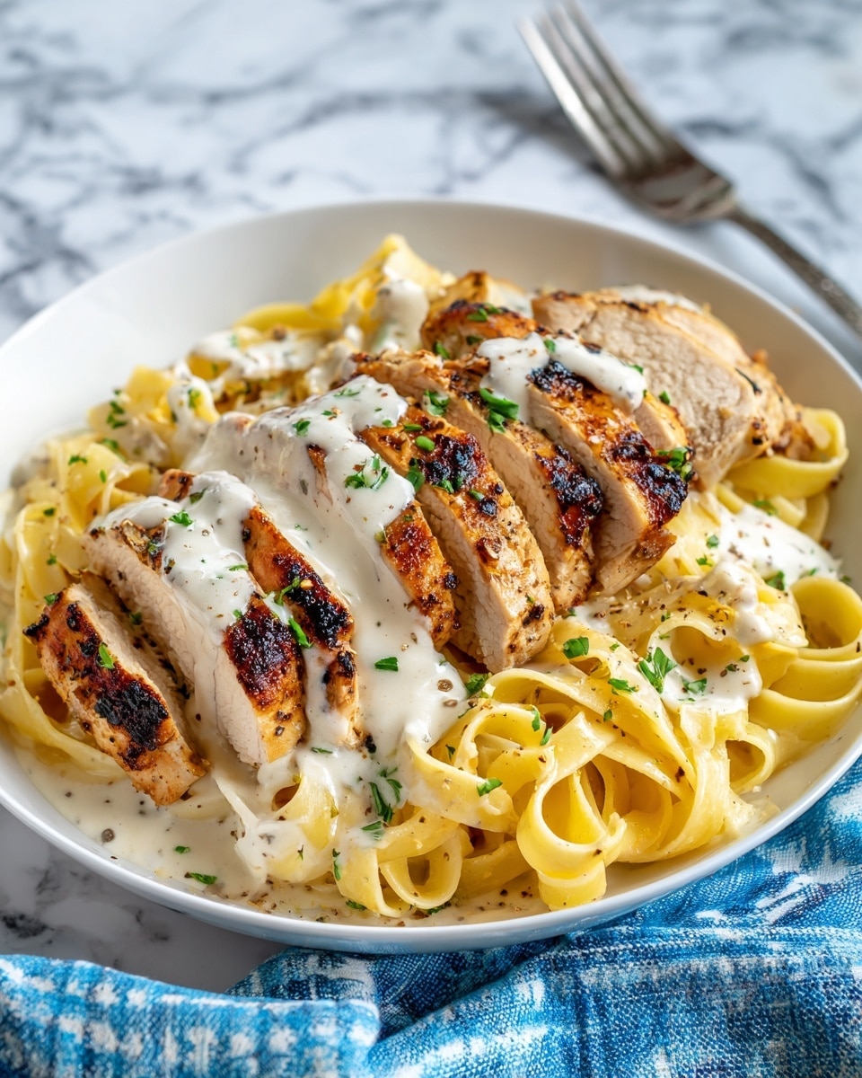 A white plate holds a bed of light yellow fettuccine pasta sprinkled with small green parsley pieces and a little black pepper, creating a soft, creamy texture. On top, there are several thick slices of grilled chicken breast with a golden brown, slightly charred surface. The chicken is drizzled with a smooth, white, creamy sauce and garnished with tiny green herb bits. The plate sits on a white marbled texture surface, and a silver fork with a long handle rests nearby on a blue and white cloth. Photo taken with an iphone --ar 4:5 --v 7