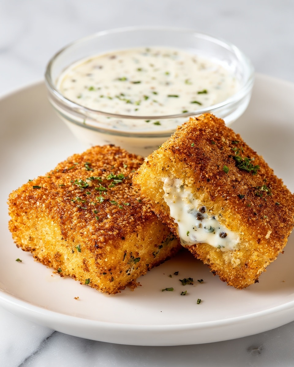 Two crispy, golden-brown breaded squares sit side by side on a white rectangular plate. Each square has a crunchy outer layer with a slightly uneven texture and is topped with small green herb pieces. The inside shows a creamy, light mixture with tiny dark green flecks, hinting at a cheesy filling. Behind the squares, there is a small clear glass bowl filled with smooth, white dipping sauce garnished with chopped herbs. The scene is set on a white marbled surface. photo taken with an iphone --ar 4:5 --v 7