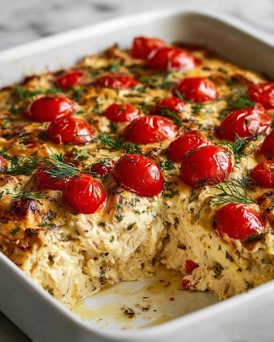 A close-up of a square white dish filled with a thick layered casserole. The bottom layer is creamy and chunky with visible pieces of chicken and purple onion bits mixed throughout. On top, there is a golden melted cheese layer with browned spots and green dill sprigs scattered across. Bright red cherry tomatoes are evenly placed on the cheese layer, some whole and some slightly cooked, adding a pop of color. The background is a white marbled texture. Photo taken with an iphone --ar 4:5 --v 7