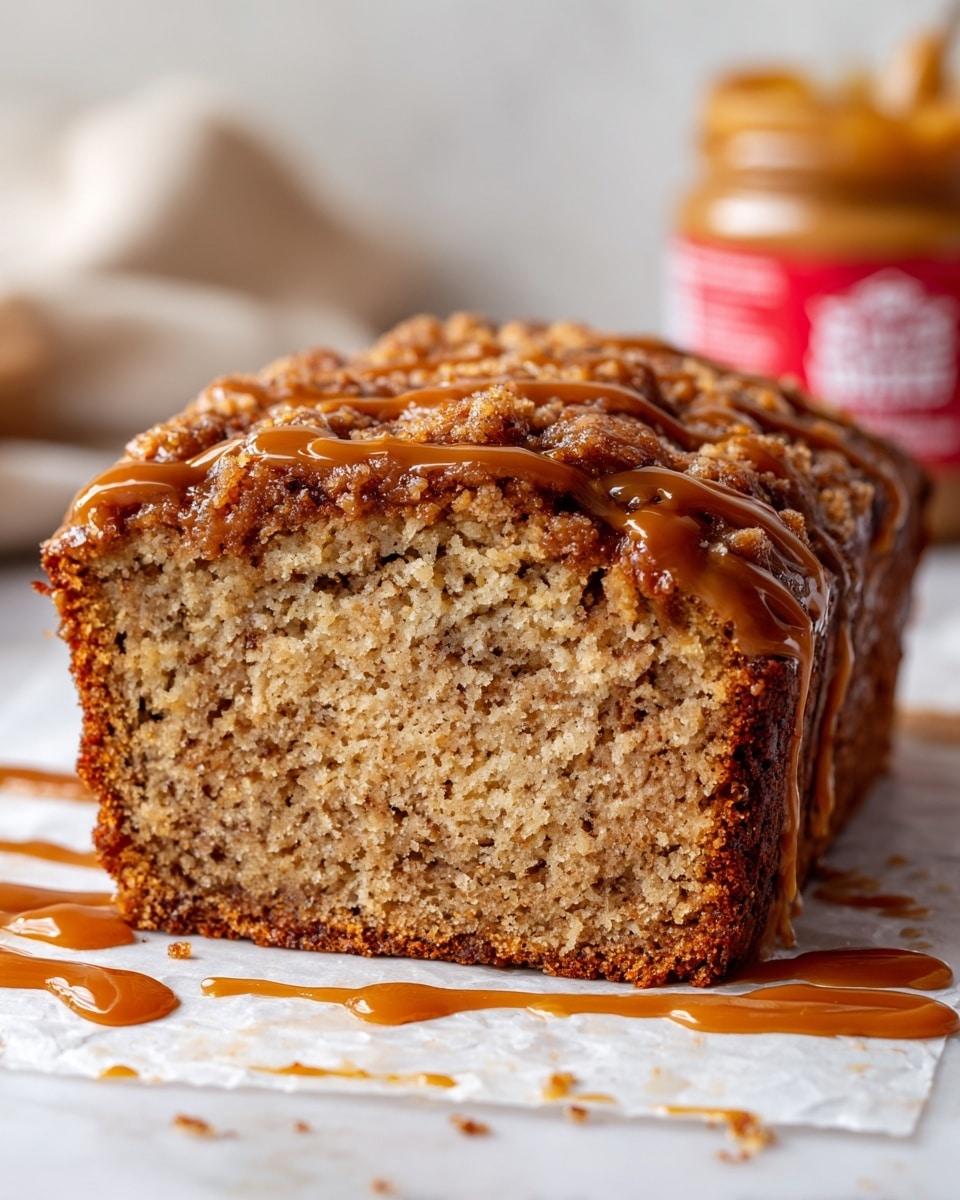 The image shows a thick loaf cake with three layers. The bottom layer is light beige with a soft, moist texture and specks of banana. The middle layer blends cinnamon brown swirls through the cake, adding a curly pattern. The top layer is a crumbly streusel topping in dark brown with a grainy texture, covered with smooth, shiny caramel-colored drizzle that runs down the sides. There is a large slice cut from the loaf placed in front, showing the parts clearly. The background is a white marbled surface with a blurred jar of caramel spread behind. photo taken with an iphone --ar 4:5 --v 7