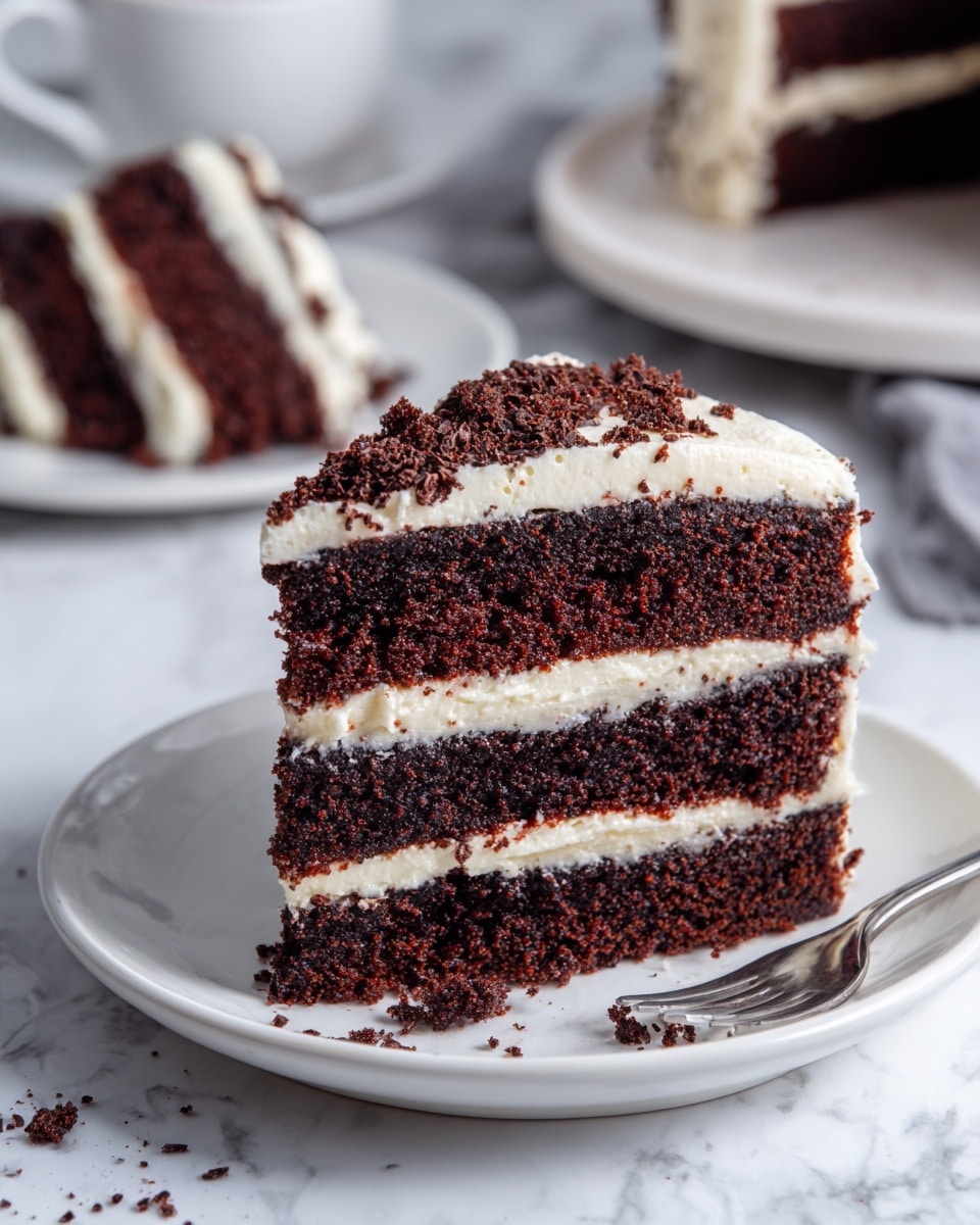 A slice of chocolate cake with three thick, dark brown layers stacked with smooth, creamy white frosting in between and covering the sides. The texture of the cake layers looks moist and slightly crumbly, while the frosting is evenly spread and velvety. The slice is placed on a plain white plate with some cake crumbs around it, set on a white marbled surface. In the background, another similar slice is seen slightly out of focus. photo taken with an iphone --ar 4:5 --v 7