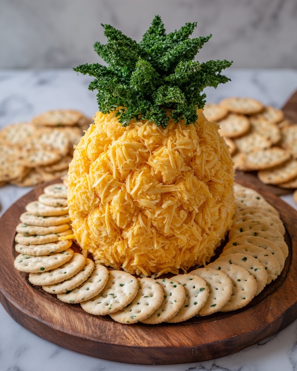 A large oval-shaped cheese ball covered with shredded yellow cheddar cheese sits in the center of a wooden board. Around the cheese ball, there is a single layer of round crackers arranged neatly in an oval shape following the contour of the cheese. At the top of the cheese ball, a bunch of green parsley leaves is placed to look like the leafy top of a pineapple. The overall look resembles a pineapple shape with bright yellow and green colors against the wooden board background on a white marbled surface. photo taken with an iphone --ar 4:5 --v 7