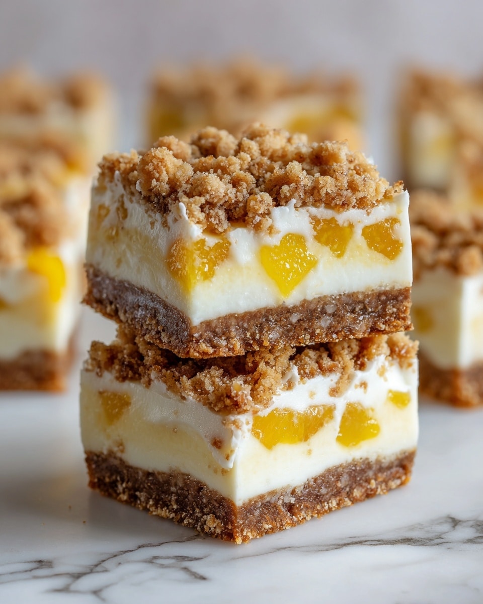 A stack of three square layered dessert bars sits on a white marbled surface. Each bar has three layers: the bottom layer is a thick, crumbly brown crust, the middle layer is a smooth creamy white filling, and the top layer is a mix of bright yellow peach chunks and a light brown crumbly topping. The bars are neatly cut, showing the clear separation of each layer. Photo taken with an iphone --ar 4:5 --v 7