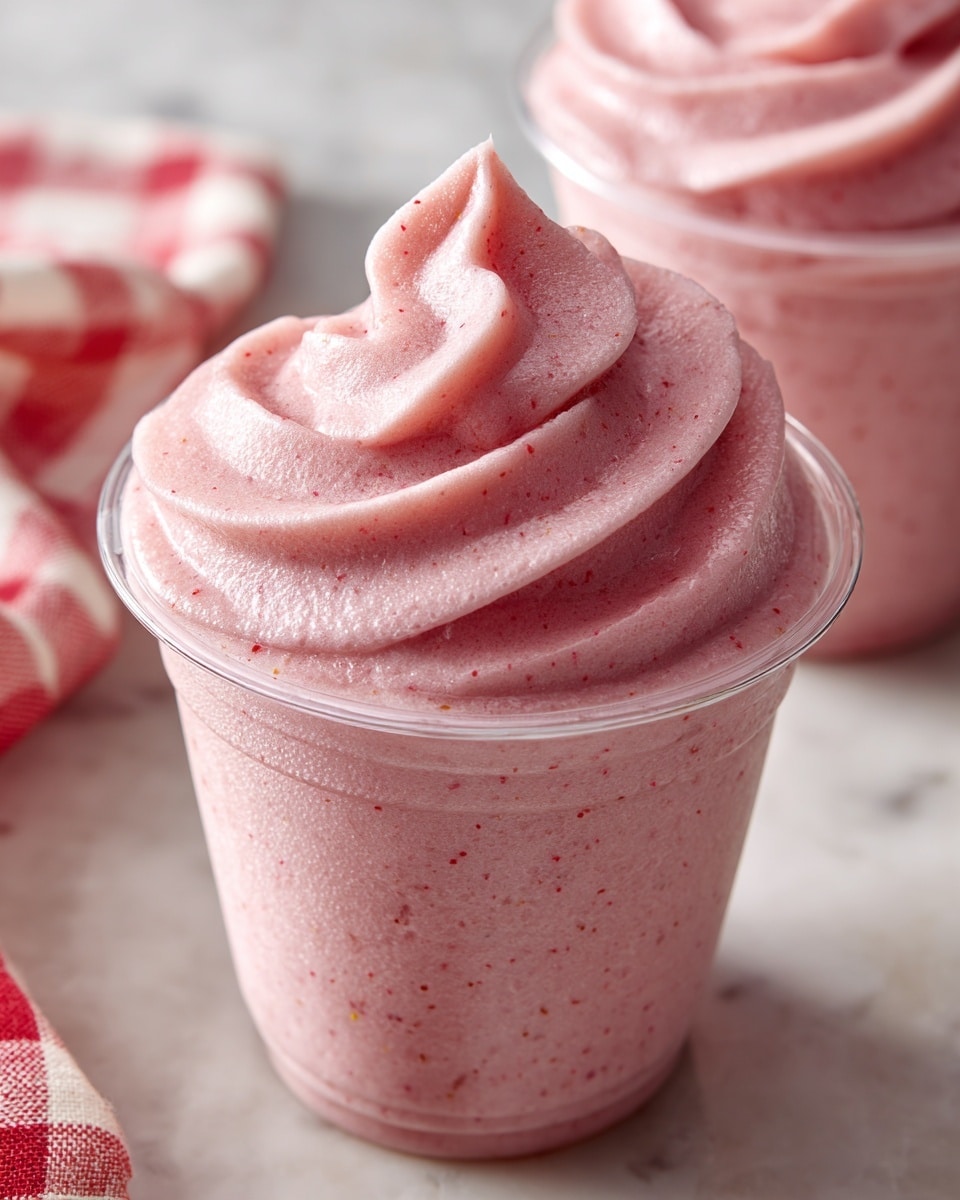 A clear plastic cup filled with a thick, bright pink smoothie that has a creamy and slightly grainy texture. The smoothie is swirled on top in a small peak, showing a smooth yet dense consistency. Another cup with the same smoothie is blurry in the background, set on a white marbled texture with a red and white checkered cloth partially visible. photo taken with an iphone --ar 4:5 --v 7