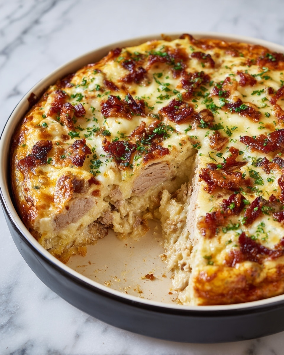 The dish is a round white bowl filled with a baked casserole featuring three visible layers. The bottom layer consists of thick, light beige slices of cooked meat. Above it lies a creamy white sauce, mostly covered by a golden yellow melted cheese layer with bubbly and slightly browned spots. Scattered on top are crispy, dark reddish-brown bacon pieces and small bright green herb bits, adding color contrast. The bowl sits on a white marbled surface. Photo taken with an iphone --ar 4:5 --v 7