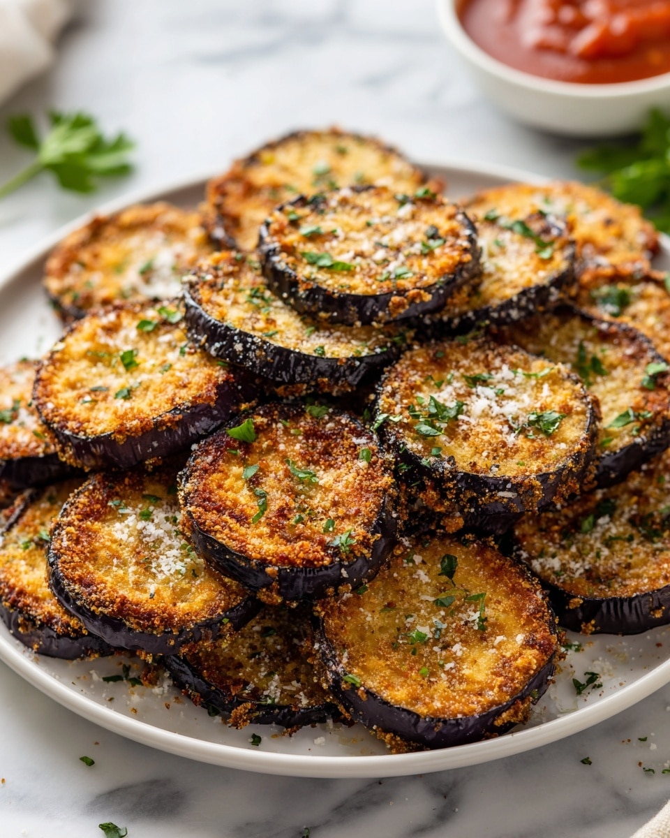 A white plate holds a stack of about twelve round slices of breaded and fried eggplant, each slice about half an inch thick with a dark purple skin edge and a golden brown crispy crumb coating on top. The breadcrumb layer looks crunchy with some melted cheese, and small green herb pieces sprinkled over the slices. The eggplant slices are layered unevenly, creating a slightly messy but appetizing pile. In the background, there is a blurred white marbled surface with a gray cloth beneath the plate and a small black bowl of red dipping sauce visible in the upper right corner. photo taken with an iphone --ar 4:5 --v 7