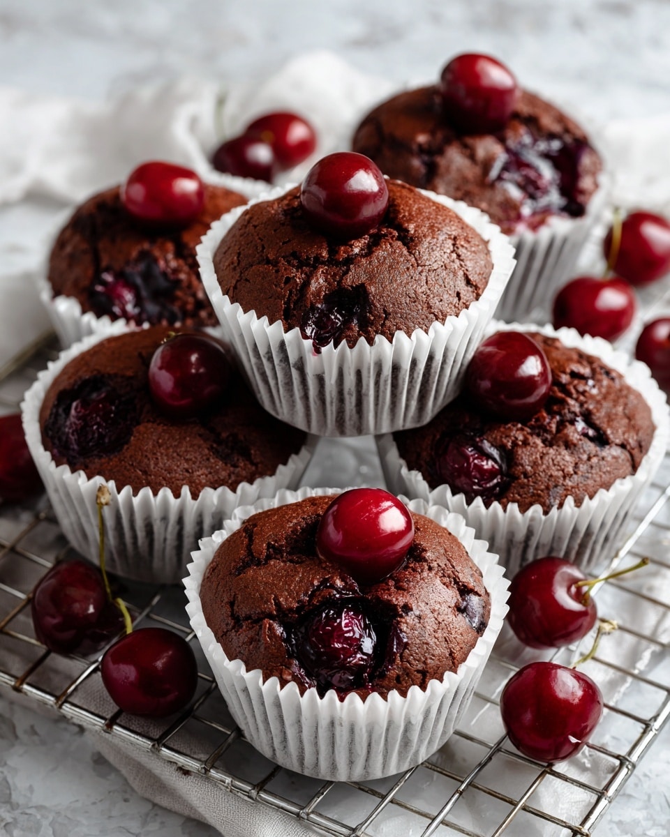 Six chocolate muffins sit on a white paper sheet on a metal cooling rack, each with a rich brown color and cracked tops revealing glossy cherry filling inside. Bright red whole cherries rest on the center of each muffin, adding a shiny and smooth contrast to the rough texture of the baked tops. Around the rack, scattered cherries and soft green stems blend into a white marbled background, giving a fresh and clean look. The focus is on the front muffins, showing detailed textures and deep colors, while the back muffins and background gently blur. Photo taken with an iphone --ar 4:5 --v 7