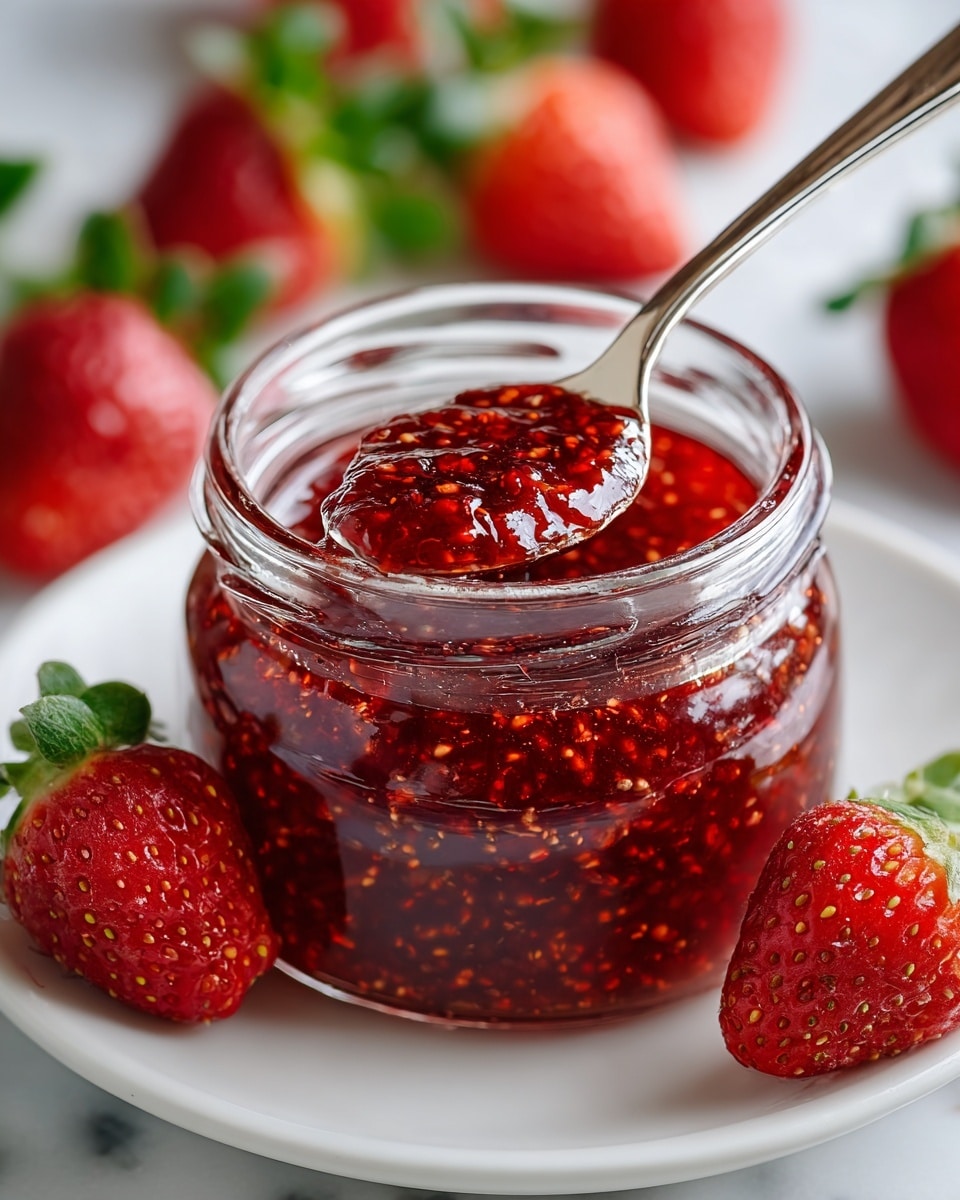 A clear glass jar filled with thick, bright red strawberry jam with tiny seeds visible throughout. The jam reaches just below the jar’s rim, and a silver spoon is inserted into it, showing a shiny texture. The jar is placed on a white plate with three fresh, whole strawberries around it, their red skin and green leaves contrasting with the jam. The background is blurred with hints of green and white marbled texture, creating a fresh and clean look. photo taken with an iphone --ar 4:5 --v 7