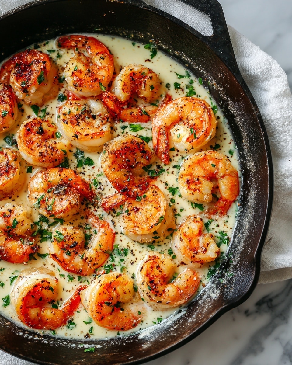 A round pan filled with a creamy white sauce that has a smooth texture, lightly speckled with black pepper and fresh green parsley pieces scattered throughout. On top, there are about twelve large cooked shrimp arranged evenly, each shrimp having a pinkish-orange color with slight grill marks and a firm texture, their tails still attached. The inner sides of the pan have a brown, slightly worn look from cooking. The pan is placed on top of a white marbled surface, with a white cloth partially visible under the pan's rim. photo taken with an iphone --ar 4:5 --v 7