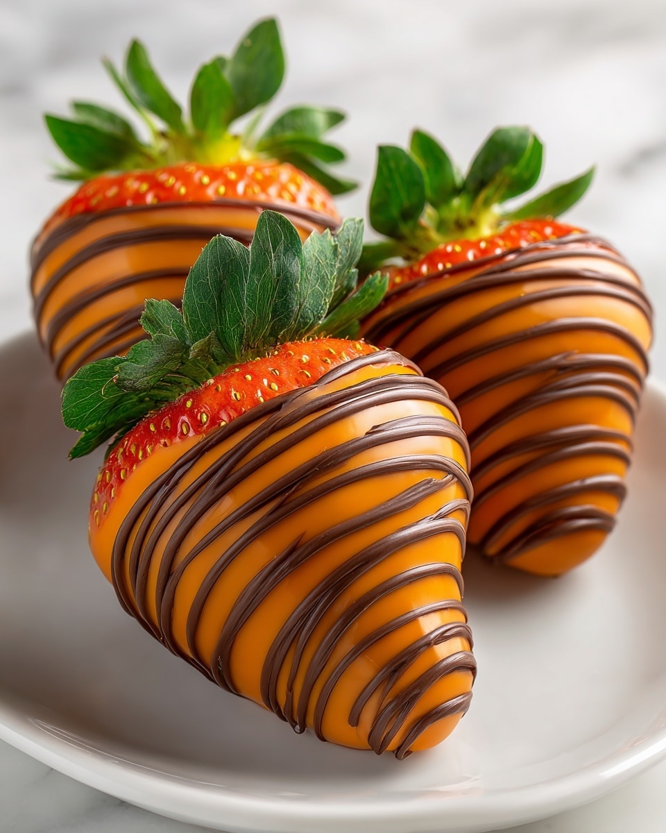 Three strawberries are fully covered in smooth, bright orange chocolate, each with green leaves on top. The strawberries are decorated with thin, wavy darker orange lines that wrap around them. They sit closely on a white plate against a white marbled background, showing fresh seeds and a glossy texture on the chocolate. Photo taken with an iphone --ar 4:5 --v 7