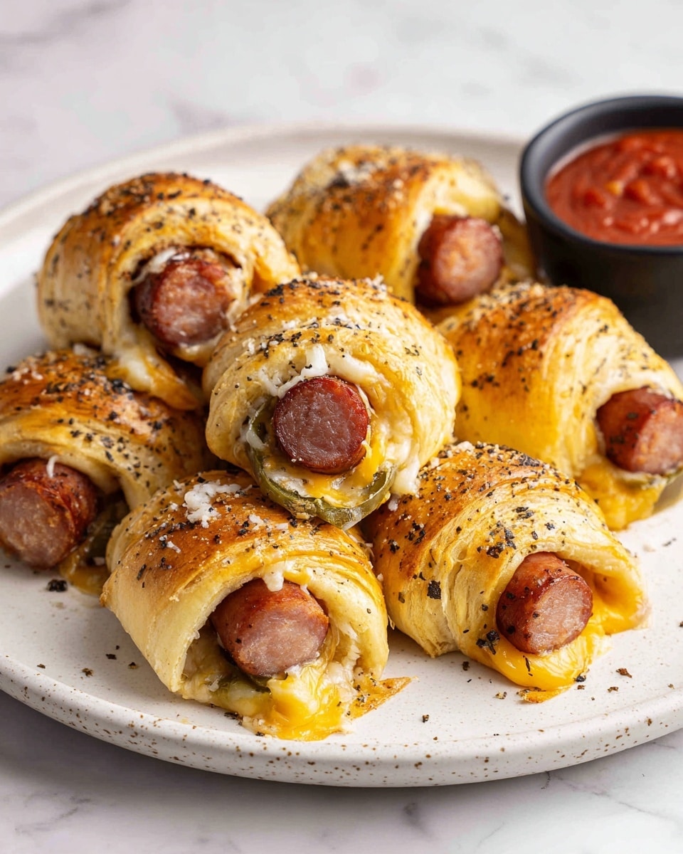The image shows a white plate with eight golden-brown crescent rolls, each wrapped around a cooked sausage piece visible at the open end. Inside each roll, there is a layer of melted cheese and green pepper slices beneath the sausage, with some brown sauce and bits of cooked ground meat oozing out. The crescent rolls have a flaky texture sprinkled with pepper and coarse salt on top. In the background, there is a small black bowl filled with extra brown sauce. The plate rests on a white marbled surface. photo taken with an iphone --ar 4:5 --v 7