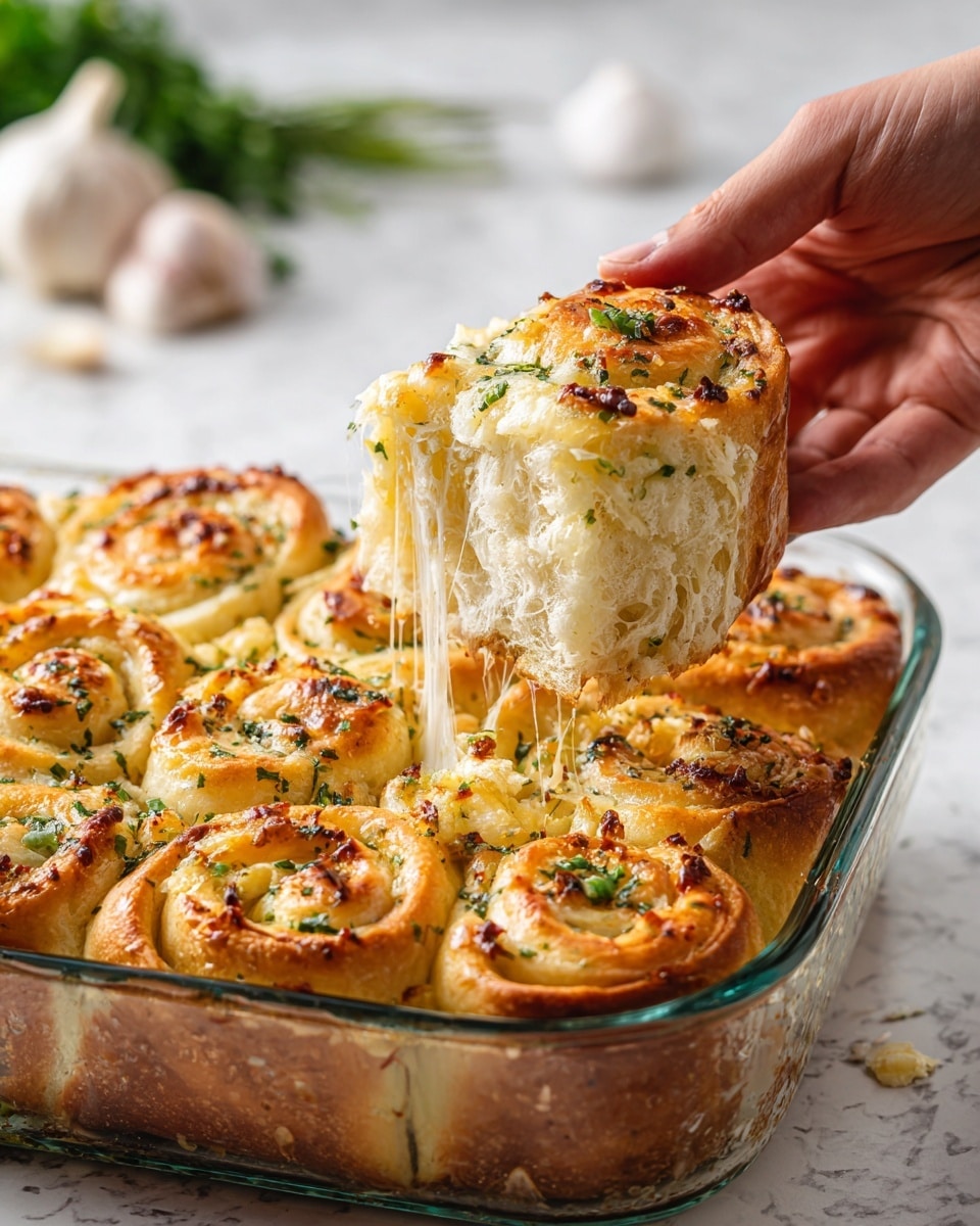 A glass baking dish holds several thick, golden-brown garlic rolls, each layered with soft, fluffy dough spiraled around a filling of melted cheese and herbs. The rolls are topped with small green herb pieces and browned bits that give a crispy look. One roll is lifted, showing chewy, airy bread with strands of stringy cheese stretching between the roll and the rest in the dish. The background is a white marbled texture with blurred garlic bulbs and fresh herbs, and a woman's hand is holding the lifted roll. photo taken with an iphone --ar 4:5 --v 7