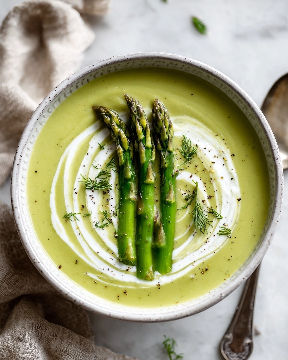 A bowl filled with creamy light green soup, smooth in texture, topped with three bright green asparagus spears placed in the center. Around the asparagus, there is a swirl of white cream, creating a soft spiral pattern on the surface. Small sprigs of fresh dill are scattered on top, adding dark green accents. Tiny dots of black pepper are sprinkled lightly over the soup. The soup sits in a white bowl with a subtle greenish rim. The background is a white marbled surface, with a silver spoon and a grey cloth napkin nearby. photo taken with an iphone --ar 4:5 --v 7