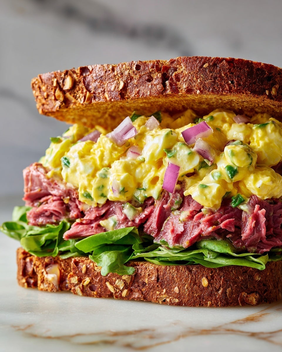 A close-up of a sandwich on a wooden board with a white marbled background, showing four main layers: the bottom layer is bright green leafy lettuce with a crisp texture, above it is a thick pile of shredded pink roast beef, topped with a creamy yellow egg salad mixed with small pieces of purple onion, and the sandwich is finished with two slices of toasted brown bread with a rough, crunchy crust. The sandwich looks fresh and juicy, with the layers clearly visible and tightly stacked. photo taken with an iphone --ar 4:5 --v 7