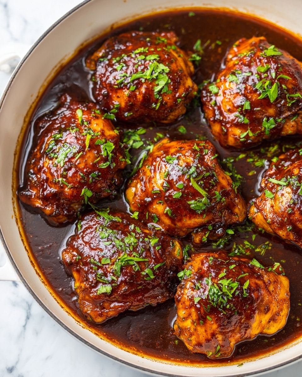 A white pan filled with eight pieces of cooked chicken thighs covered in a thick, dark brown sauce. The sauce looks shiny and sticky, coating the chicken evenly, with specks of green herbs sprinkled on top. The white marbled surface is faintly seen around the pan, and the chicken pieces are arranged close together, showing some caramelized sauce pooled around them. The texture of the chicken skin appears crispy under the sauce, giving a rich and hearty look. Photo taken with an iphone --ar 4:5 --v 7