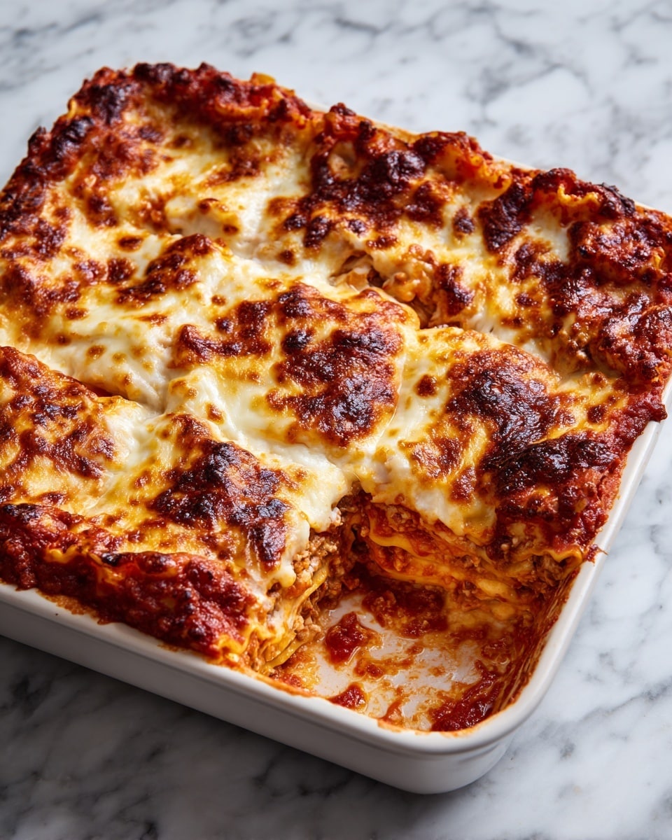 A white rectangular baking dish filled with a baked lasagna showing five clear sections cut through the top layer of melted cheese. The top layer is a golden-yellow melted cheese with browned spots and bubbles, covering a layer of rich red tomato sauce peeking out along the edges. The dish rests on a white marbled surface. photo taken with an iphone --ar 4:5 --v 7