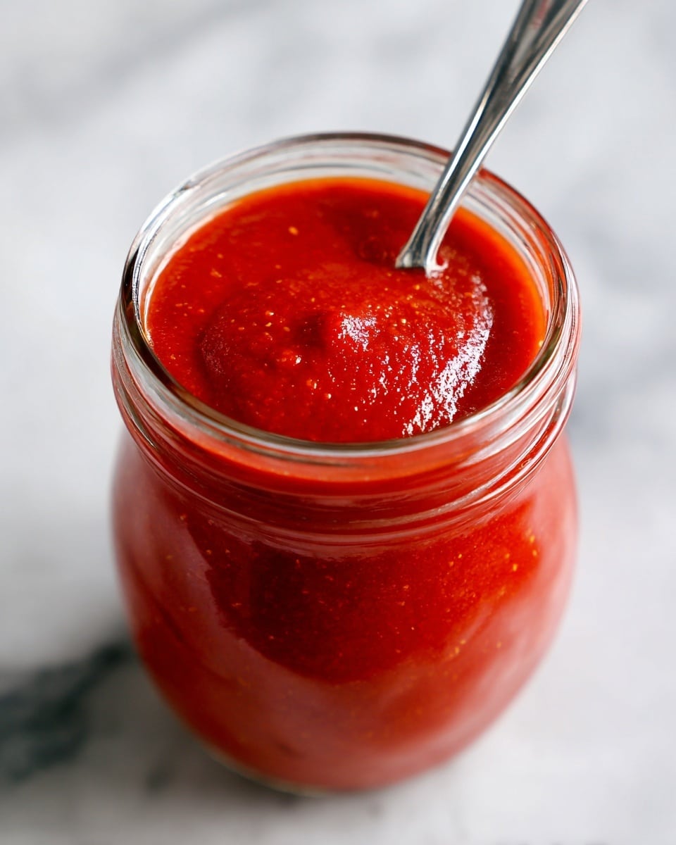 A close-up view of a small glass jar filled with bright red, thick, and slightly glossy sauce with a smooth texture. The jar is open and a silver spoon is dipped into the sauce, resting inside the jar at the top right. The sauce fills the jar almost to the brim, and the jar sits on a white marbled surface. The image captures the rich and vibrant color and thickness of the sauce, making it look fresh and appetizing. Photo taken with an iphone --ar 4:5 --v 7