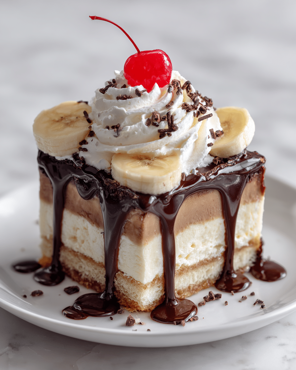 A square piece of dessert with three clear layers is shown. The bottom layer is a light brown cake base, the middle layer is thick and creamy white, and the top layer is a lighter brown cream. Rich, dark chocolate sauce drips thickly down the sides, almost covering the top layer. On top, there are two slices of banana on either side, a swirl of white whipped cream in the center sprinkled with small chocolate shavings, and a bright red cherry sits on top of the whipped cream. The dessert is placed on a simple white plate, and the background is a white marbled texture. photo taken with an iphone --ar 4:5 --v 7