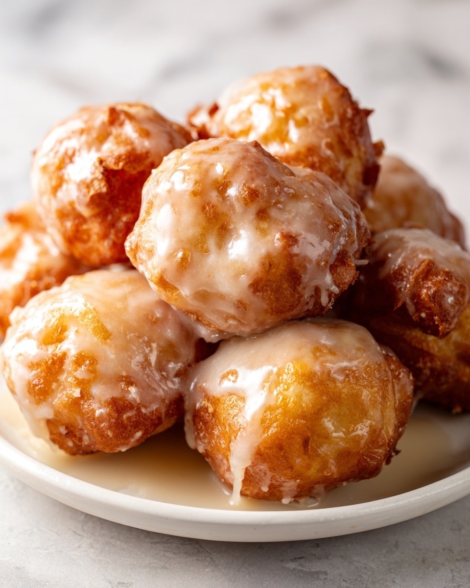 A white plate filled with about ten golden brown fritters, each one round and crispy with a rough texture. They are covered in a thick, glossy, light beige glaze that drips down the sides, giving them a shiny finish. Some fritters show slightly darker, crunchy bits on the edges underneath the glaze. The background features a white marbled texture, softly blurred to keep the focus on the fritters. photo taken with an iphone --ar 4:5 --v 7