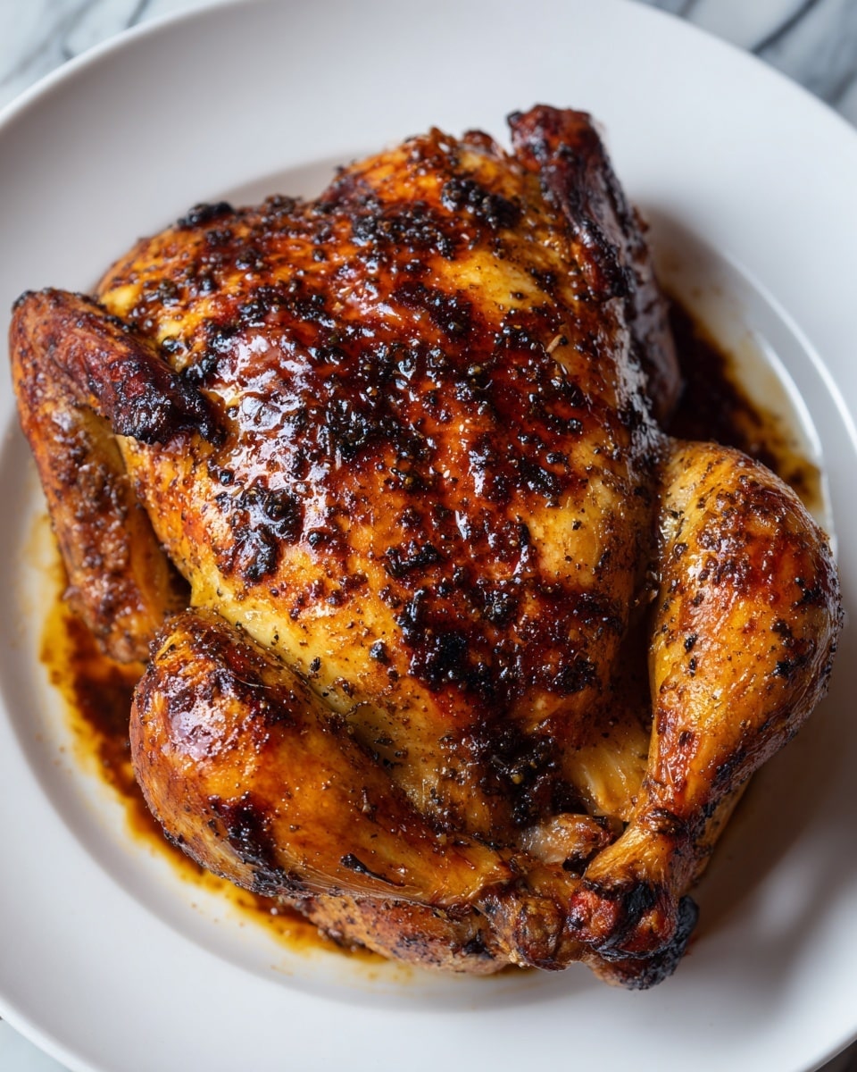 A whole roasted chicken sits centered on a white plate, its skin a rich golden-brown color with darker charred spots and a shiny glaze of thick, dark sauce spread evenly over the top and wings. The wings are splayed out to the sides, showing the crispy, slightly burnt edges, while the body of the chicken is plump with visible seasoning and a glossy finish. The plate and the background beneath it have a white marbled texture, making the golden chicken the clear focus of the image. photo taken with an iphone --ar 4:5 --v 7
